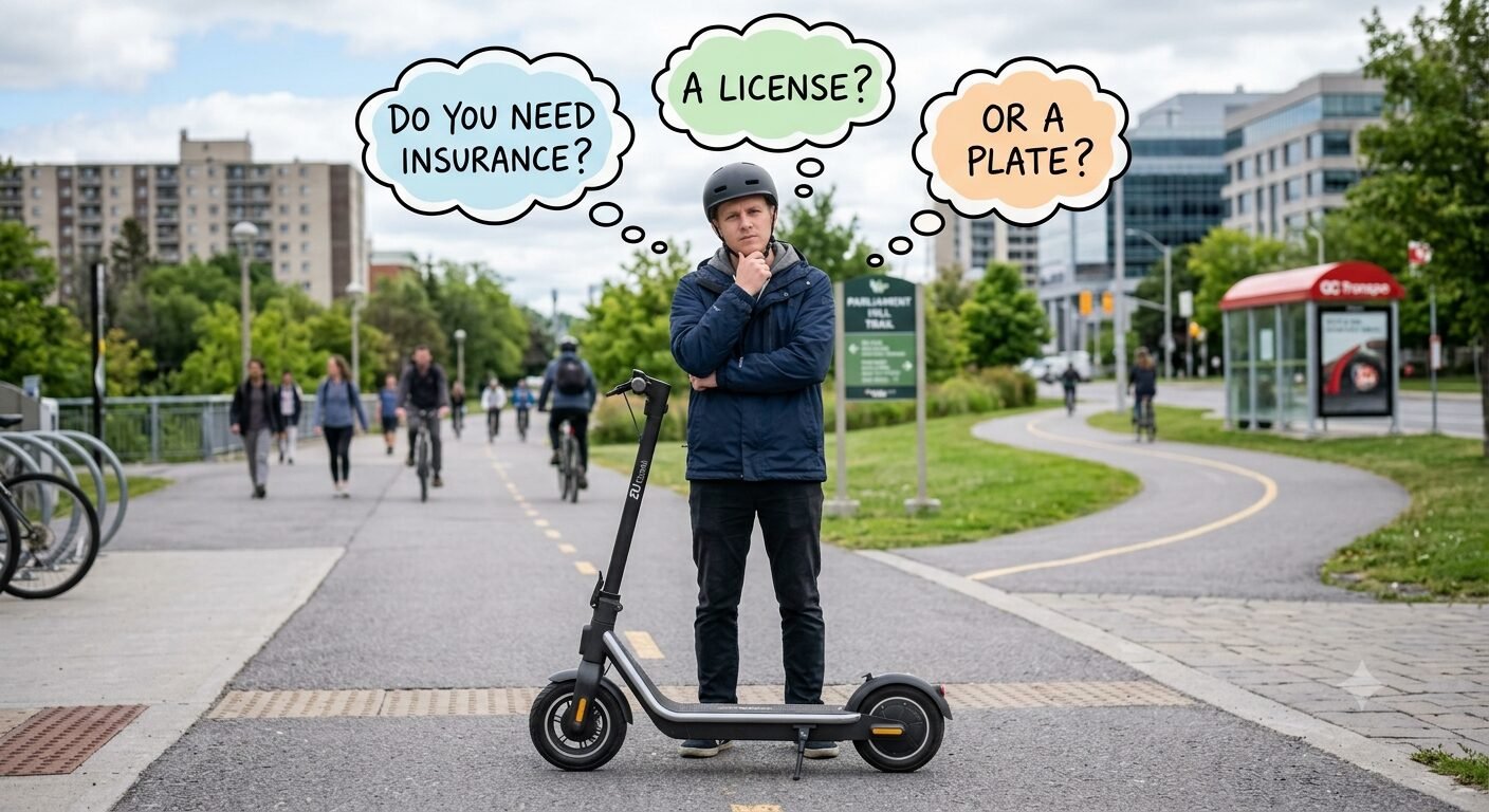 E-scooter rider checking insurance sticker and license plate requirements under European e-scooter laws