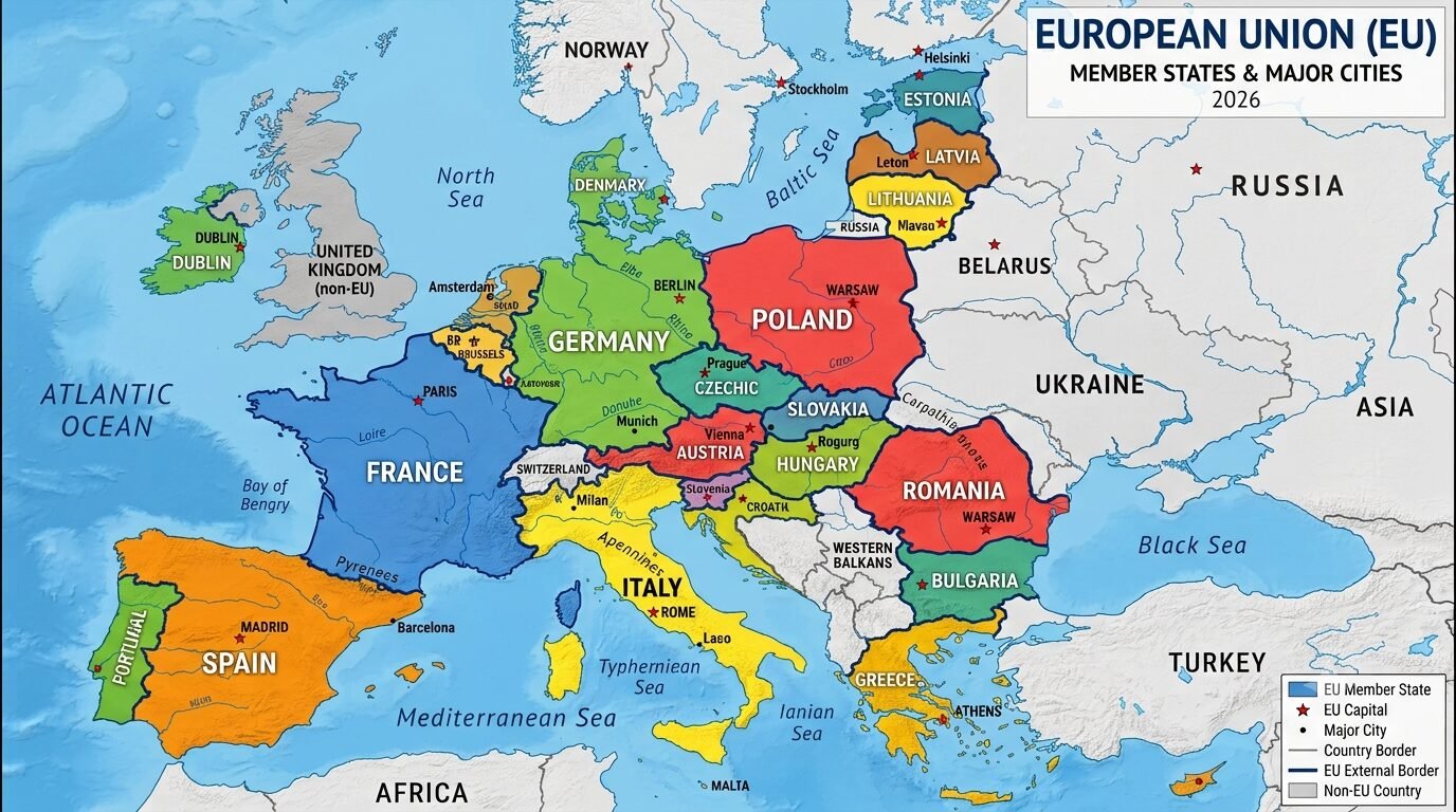 Map of the European Union highlighting country-by-country e-bike and e-scooter law differences under e-bike laws Europe 2026