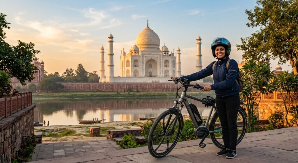 E-bike rider at the Taj Mahal in India, 2026