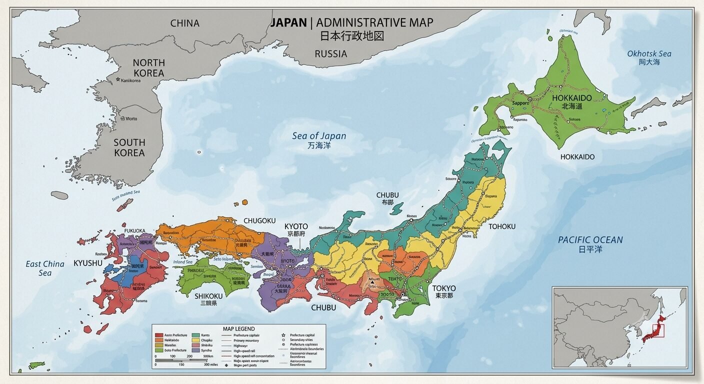 Map of Japan illustrating e-bike and e-scooter law differences under e-bike laws Asia 2026